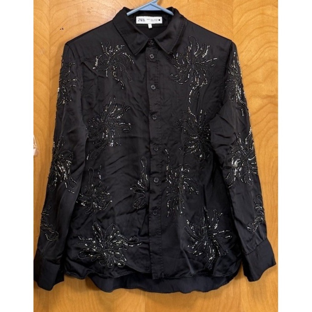 Zara Beaded Satin Long Sleeve Button Up Shirt Size Medium Floral Silky Black